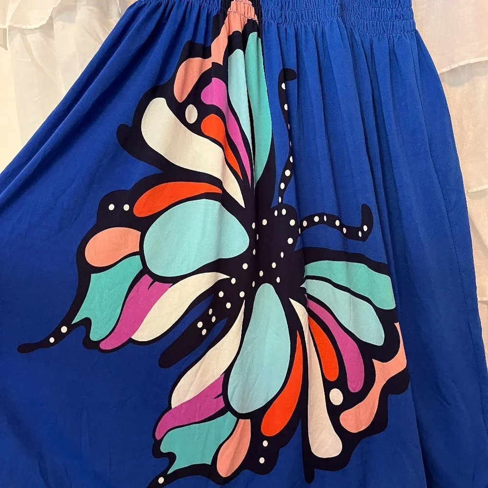 India Boutique Blue Polyester Smock Butterfly Dress w/ Adjustable Straps - Picture 5 of 8